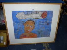 A large framed Modernist charcoal drawing depicting a figure and a submarine, no visible signature,