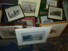 A quantity of Prints to include etchings of The Isle of Wight, Alnwick Castle, Heron,