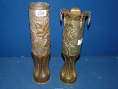 Two WWII Trench Art Poppy vase shells, 75 mm casing, one with droplets, 13" tall.