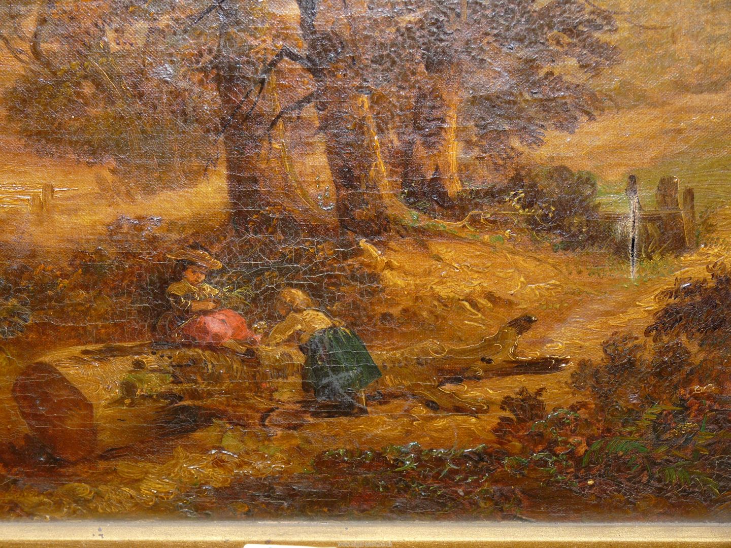 A heavy ornate gilt framed Oil on canvas depicting a woodland scene with two young girls seated by - Image 2 of 5