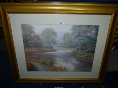 A large framed Spencer Coleman depicting a River landscape with a fisherman on one bank and grazing