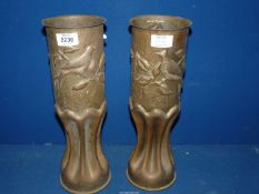 Two WWII Trench Art Dove and Peace shell cases, 105 mm casing, 14 1/2" tall.