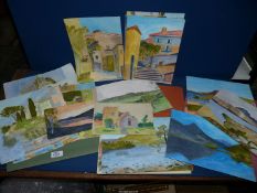 Three folders containing unframed Watercolours depicting various country landscapes, seascapes,