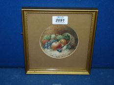 A small circular framed and mounted Watercolour depicting a basket and fruit, no visible signature,