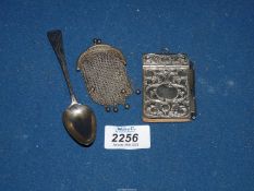A silver commemorative spoon, a wire mesh purse and a white metal Chatelaine notepad.
