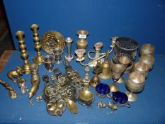 A quantity of mixed metals, mostly brass, including candlesticks, goblets, miniature animals,