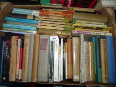 A box of books including 'The Plays of John Galsworthy', 'The family Reunion' by T.
