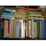 A box of books including 'The Plays of John Galsworthy', 'The family Reunion' by T.