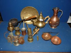 A quantity of brass and copper including measures, teapot, bells, scales , jug etc some a/f.