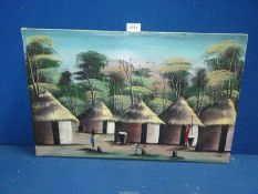 An unframed Oil on canvas depicting an African village scene, signed lower right Kitense,