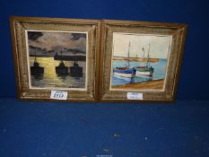 A pair of small square framed Oil on board depicting a harbour scene, one in the day,