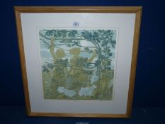A framed and mounted limited edition Lino cut print no 5/20, titled 'Daughters',
