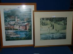 A framed print depicting a continental town and harbour signed A Bazoazo? along with a framed W.