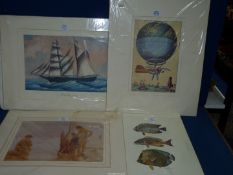Four unframed Prints to include Fish, Hot air Balloon,