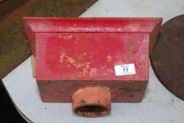 A red painted iron rain hopper, 11" wide x 5 1/2" x 5".