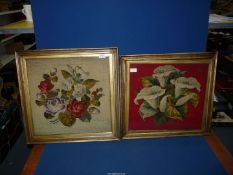 A Pair of very old framed tapestries, one with Lilies on red background,