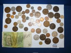 Miscellaneous coins and an Australian two dollar bank note.