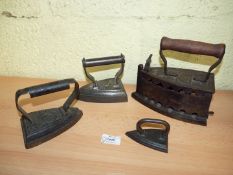 A group of four Irons including Box charcoal Iron, German or Italian 1800's marked with Eagle ZR,