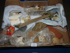 A box of mixed stones, fossils, driftwood and old pottery pieces.
