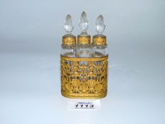 A good set of 3 Palais Royale glass scent bottles in an elaborate gilt metal stand, French,