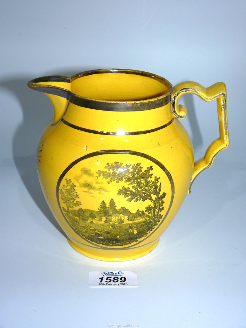 A rare yellow ground and silver resist earthenware jug, early 19th century,
