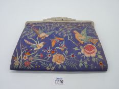 A 1920s/30s Chinese embroidered evening bag in the art deco style with chrome fittings and interior