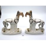 A pair of Staffordshire Greyhounds, 11'' high approx, one repaired and both paint rubbed.