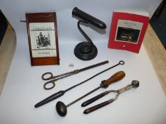 A small quantity of Ironing memorabilia including cast iron Goffering Iron stamped Kenrick, tongs,