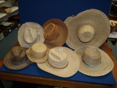 ***Seven different style straw hats, wide brimmed, cowboy/stetson etc.