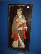 A large framed Japanese Collage depicting gentleman in traditional dress, (some damage to face),