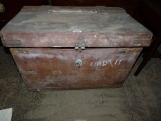 A very large heavy leather Trunk with wooden strut, leather straps and metal base,