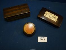 Three small wooden Boxes, one being round having marquetry detail with screw top lid.