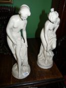 A pair of plaster mantel ornaments depicting female Nudes, 16 3/4'' and 17 1/4'' tall respectively,