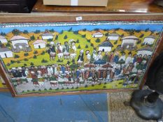A Pair of large hand painted canvases on stretchers possibly Burmese of a large gathering of men