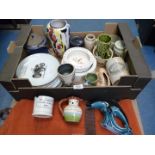 A box of china and pottery including Sylvac, Novordea, Poole dolphin,