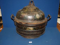 A large black metal Coal Bucket with domed lid and wrought iron handles having painted flowers and