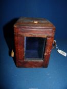 An empty Leather case for a carriage clock having handle and glass front, 4 1/2" x 61/2" tall,