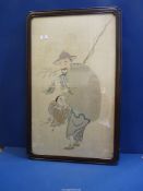 A large oriental framed silk of Man and Child fishing, beautifully embroidered,