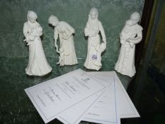 Four white Royal Worcester (Compton & Woodhouse) figures to include; 'New Arrival',