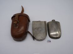 A 19th century ladies side saddle flask and sandwich case in leather case, maker James Dixon & Sons.