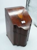A George III Mahogany knife box with original fittings and shaded fan inlay to the cover,