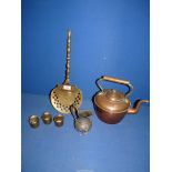 A small quantity of metals including; a copper kettle, pewter jug, brass numbered cups,