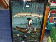 A large reverse painted Glass Geisha picture, in a black frame with stylised brass hanging hook,