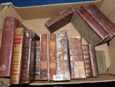 A quantity of leather bound books, a/f, including Cornelli Lansenii, Shakespeare volume 2 and 3,