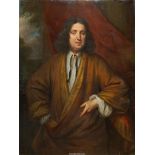 A gilded framed Oil on canvas Portrait of a Gentleman with long centrally parted dark hair wearing