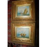 A pair of gilded framed Oil paintings on canvas, seascapes with sailing vessels making their way,