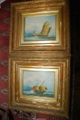 A pair of gilded framed Oil paintings on canvas, seascapes with sailing vessels making their way,