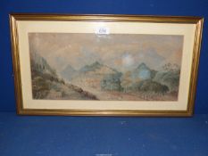 A framed Watercolour of a mountainous landscape with palatial and other buildings on the hillsides