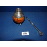 A silver and gourd 'Yerba Mate' tea Cup with a silver straw, both items stamped '800',