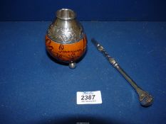 A silver and gourd 'Yerba Mate' tea Cup with a silver straw, both items stamped '800',